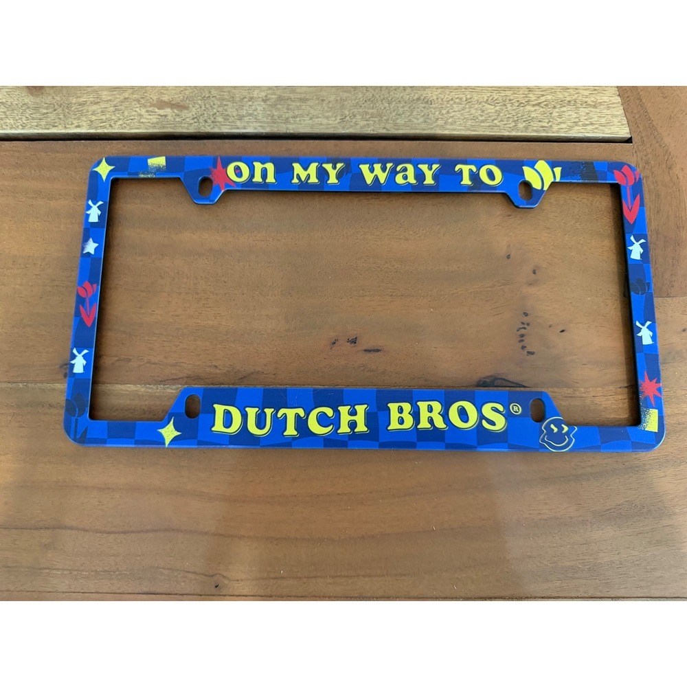 Dutch Bros Coffee License Plate Frame Blue Checkerboard On My Way NEW